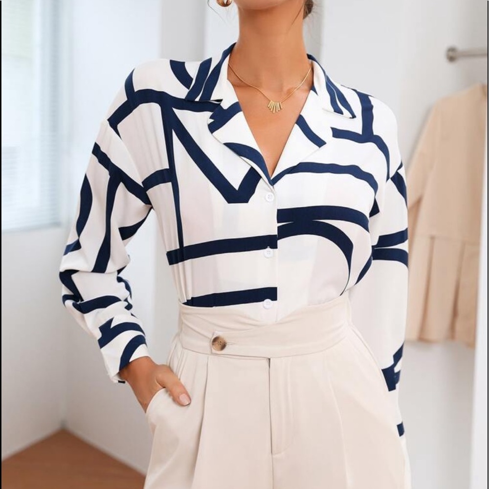 Elegant Abstract Geo Loose Relaxed Fit Print Button Down Shirt - Picture 9 of 16